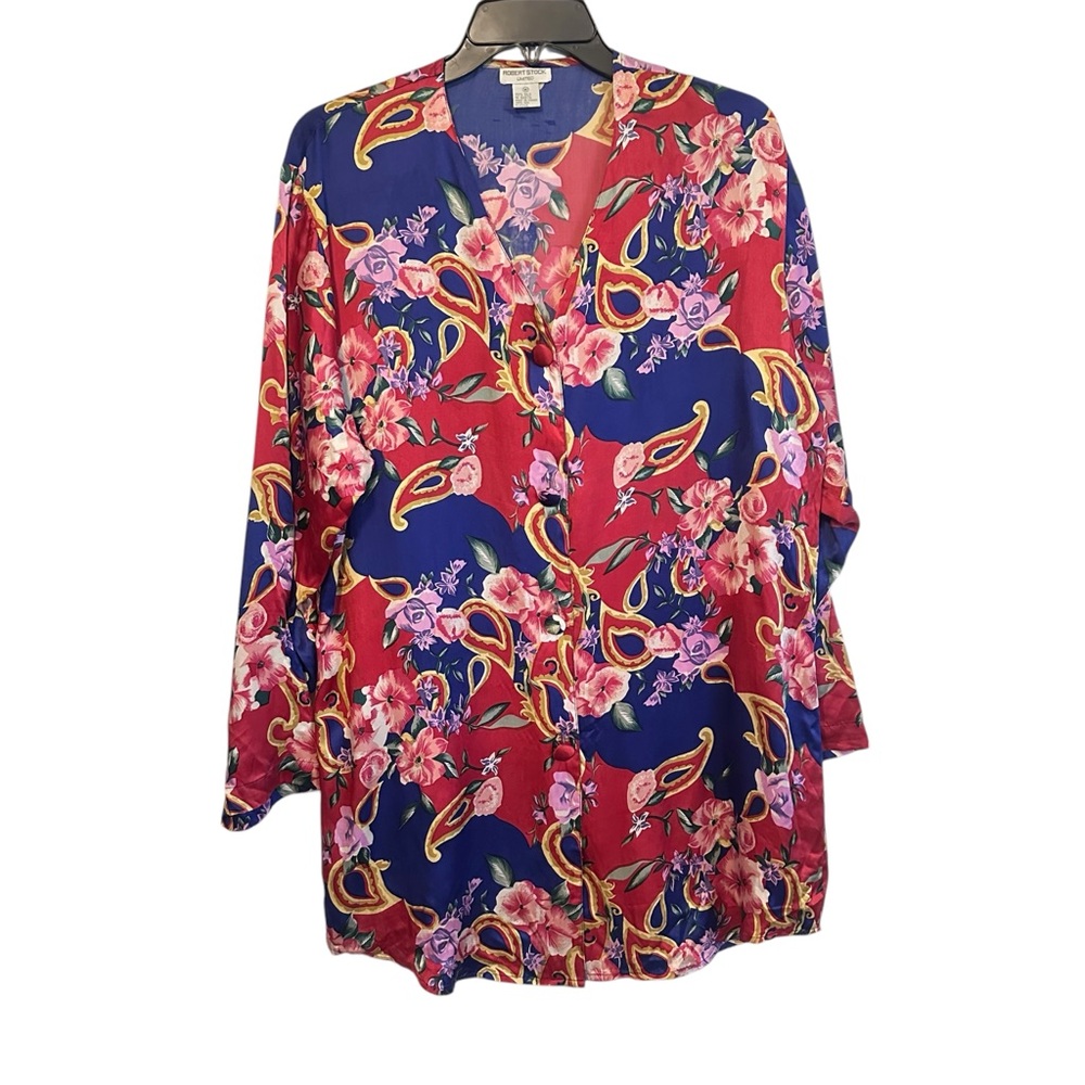 Vintage 90s Floral Paisley Print Button-Up Shirt Bold Red Blue 100% Silk Medium